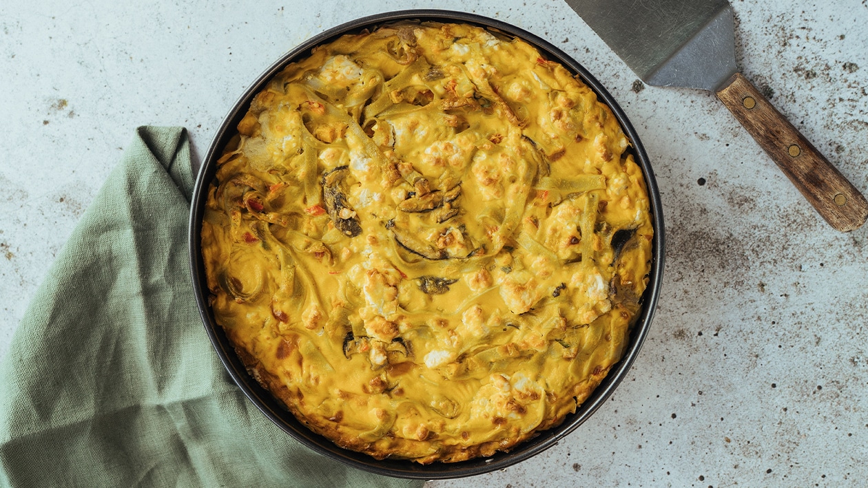 Pasta taart met shiitake, pompoen en fetakaas